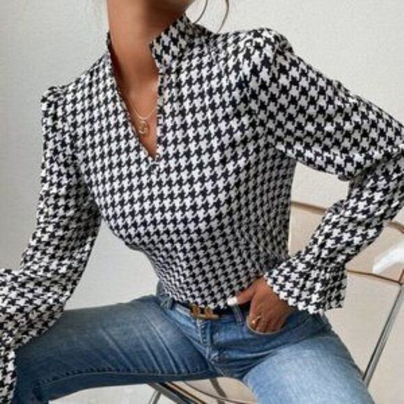 NEW houndstooth all over print long flounce blouse - Picture 7 of 9